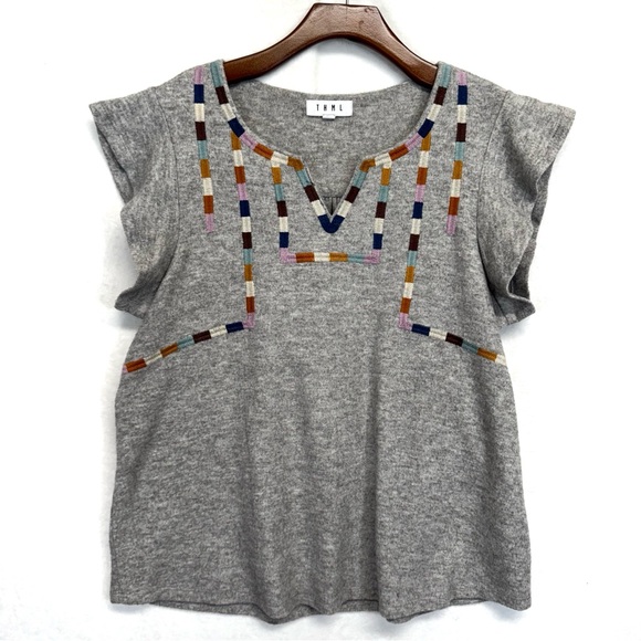 THML Tops - THML Anthropologie Women’s Large Gray Sweater Embroidered Top Flutter Sleeve
